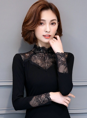 莫代尔蕾丝衫春秋新款高领黑色上衣长袖打底衫修身女百搭秋衣小衫
