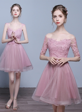 伴娘服2025新款粉紫色晚宴裙短款婚礼伴娘年会修身一字肩平时礼服