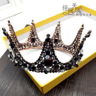 黑暗系女王手工串珠黑色整圈圆形皇冠新娘头饰摄影礼服晚宴配饰