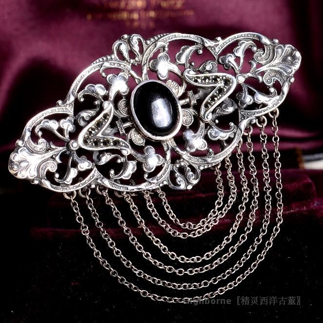 sold 精灵西洋古董首饰 欧洲唯美藤蔓花卉流苏 黑玛瑙925银胸针