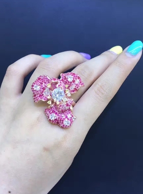 纯银锆石可调节活扣花朵戒指