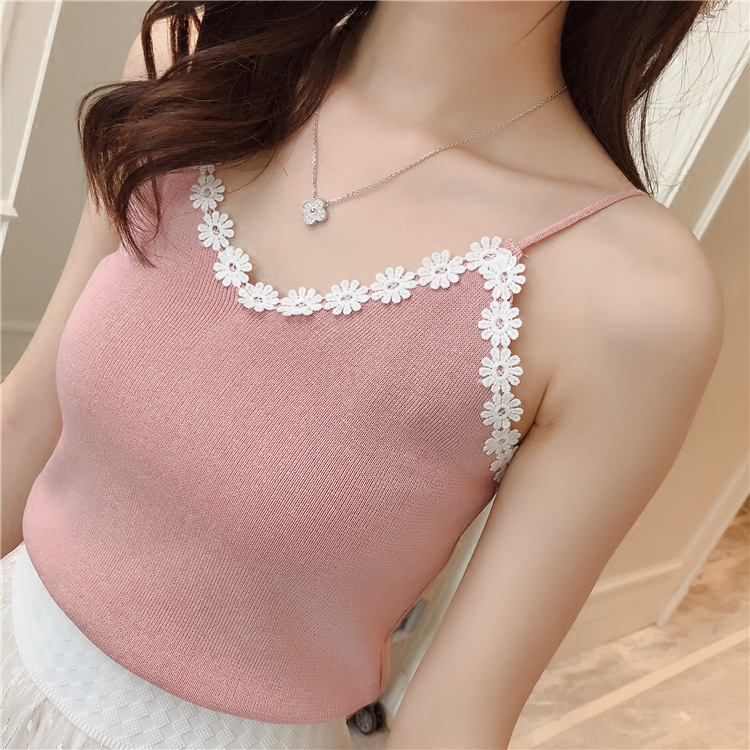 ins超火的小吊带v领背心修身显瘦性感蕾丝花边针织短款打底内搭