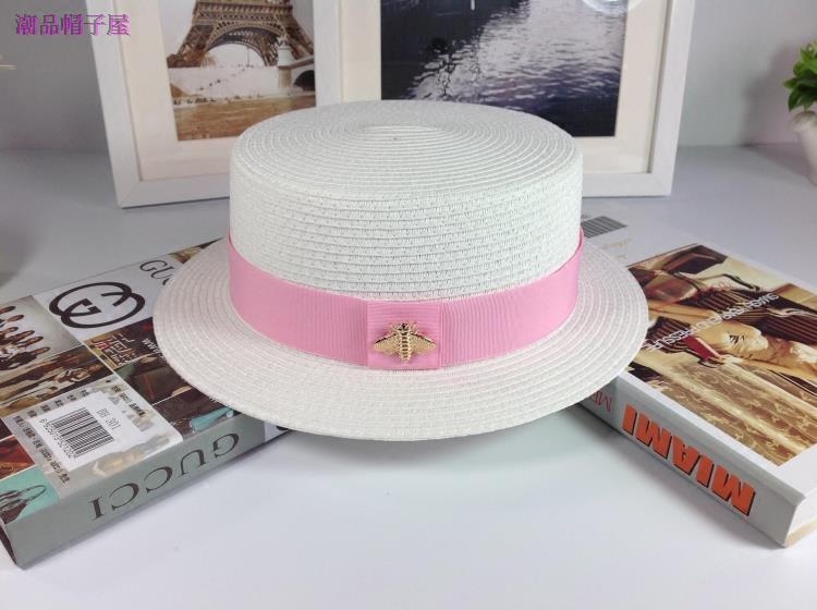 韩版小香风白色平顶小蜜蜂礼帽优雅清新日韩品质防晒休闲草帽