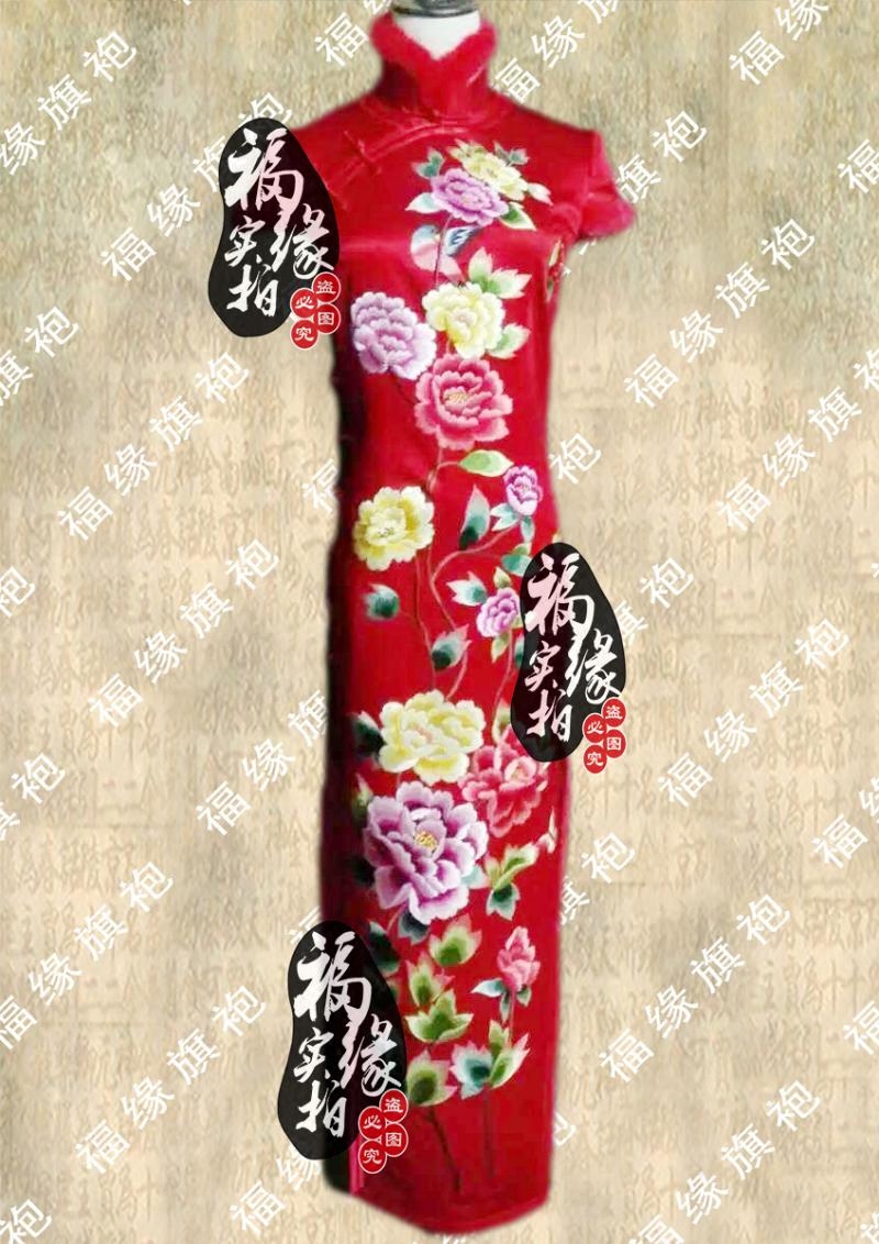 绣花牡丹园大红羊绒兔毛长旗袍时尚改良宴会礼服定制婚庆旗袍
