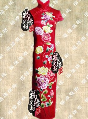 绣花牡丹园大红羊绒兔毛长旗袍时尚改良宴会礼服定制婚庆旗袍