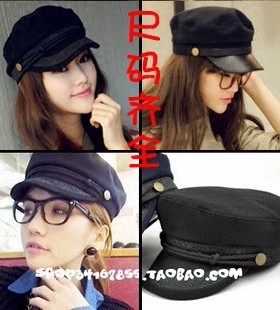 54cm小码船长帽休闲时尚百搭逛街秋冬女帽子小头围平顶帽黑色帽子