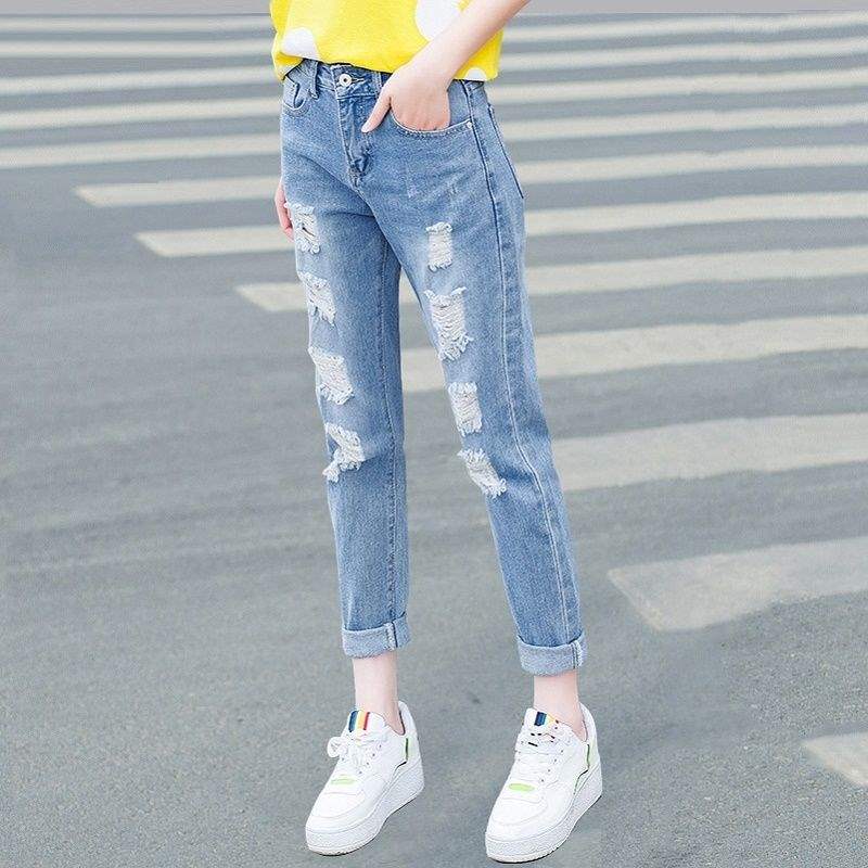 Quần jeans lỗ nữ sinh viên Hàn Quốc phiên bản quần lửng ống rộng cạp cao 2019 Quần nữ mới quần quần ống nóng - Quần jean