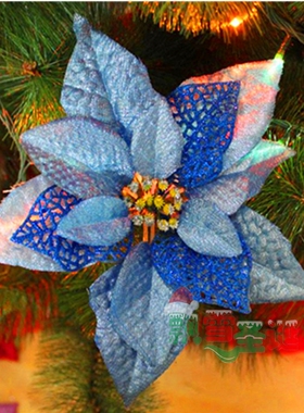 飘雪圣诞22cm蓝色钻石绒圣诞花 加厚圣诞节装饰挂件 圣诞树装饰品