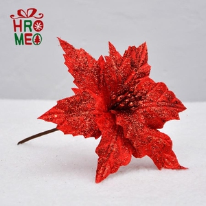 Hroemo 20cm闪粉布艺圣诞花 手工香槟圣诞花朵 圣诞装饰品配件