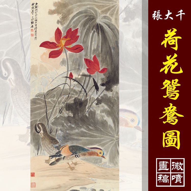 张大千荷花鸳鸯图高清国画花鸟临摹彩色画稿写意花鸟微喷丝绢画
