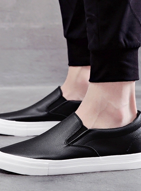 乐福鞋男低帮懒人一脚蹬皮面小白鞋男士板鞋韩版百搭简约帆布鞋