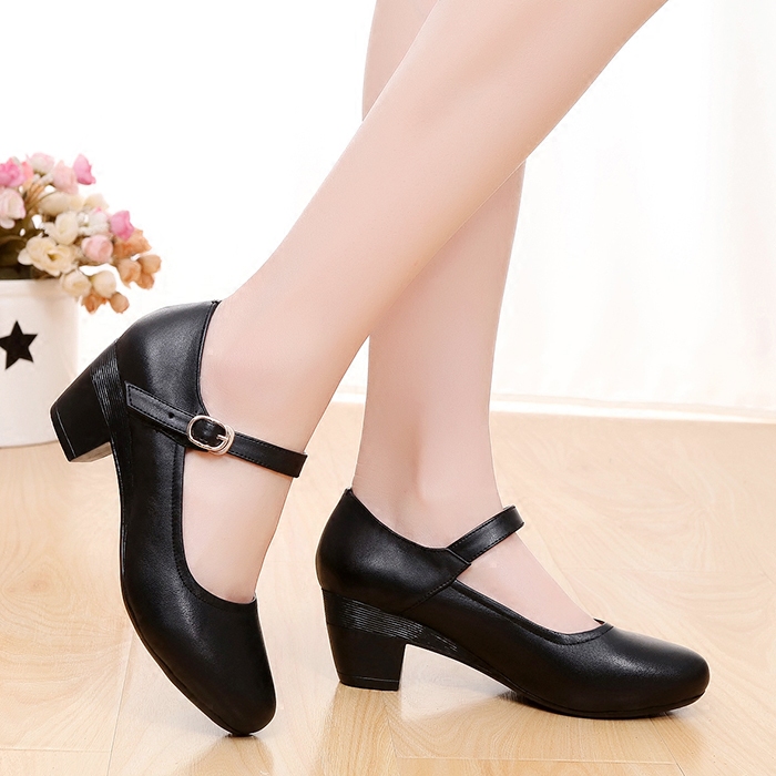 春秋款牛皮女单鞋搭扣一字时尚工作鞋真皮中跟皮鞋舒适广场舞蹈鞋