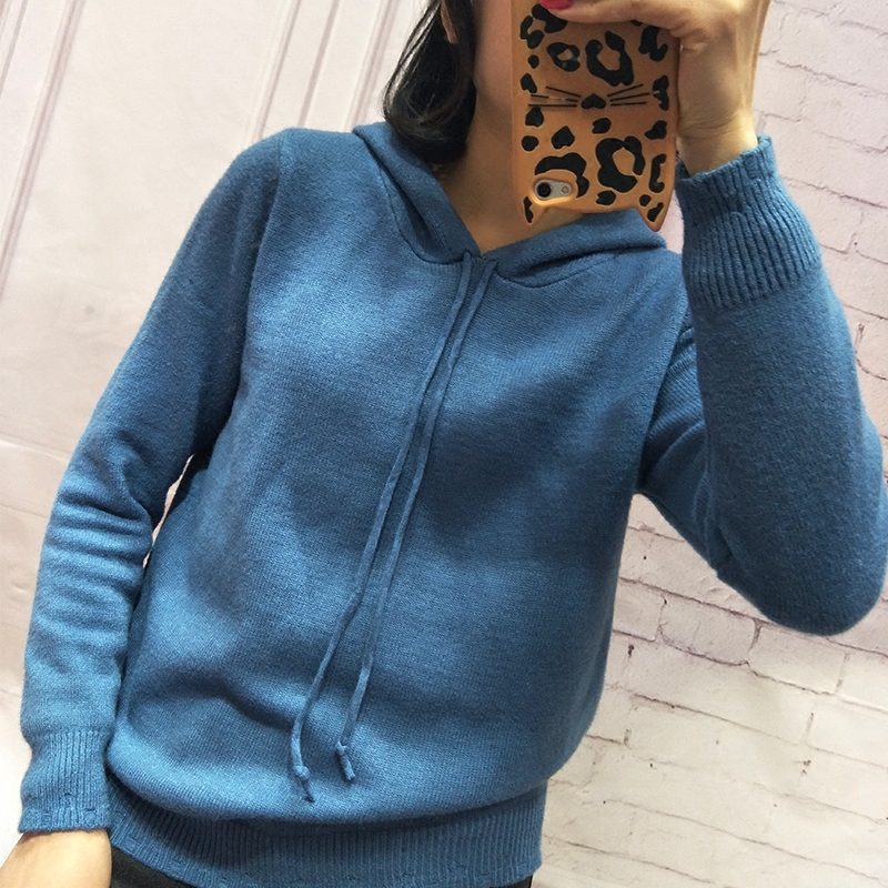 New knitted sweater Pullover Hooded Sweater Korean loose versatile student solid short womens T-shirt spring