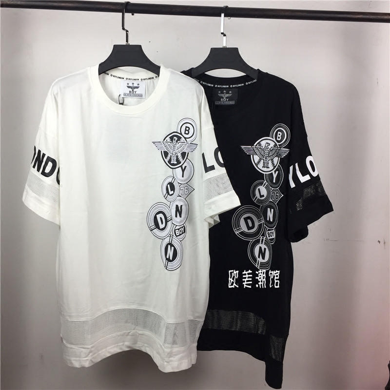 17新品韩版潮牌BOY老鹰网纱拼接镂空宽松纯棉大码男女装中长款T恤