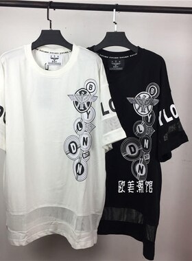 17新品韩版潮牌BOY老鹰网纱拼接镂空宽松纯棉大码男女装中长款T恤