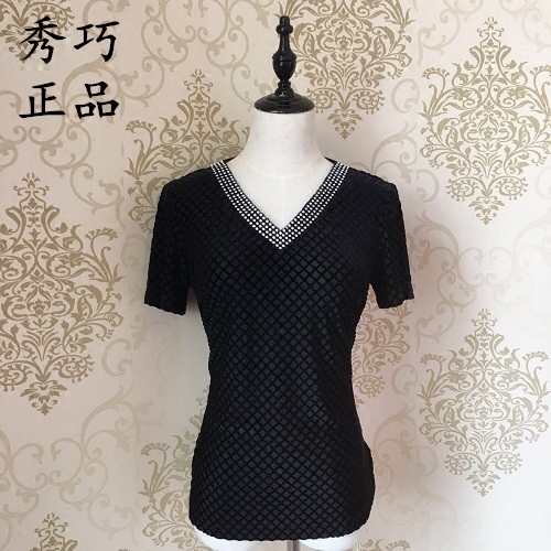 秀巧正品7216四面弹力丝绒镶钻v领超薄夏气质妈妈装高端中年女装