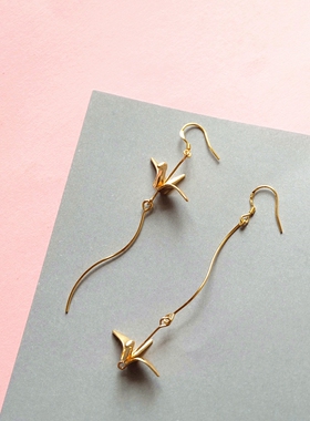 HiOnion原创立体千纸鹤包18K金耳钉复古耳环防敏耳夹日系和风少女