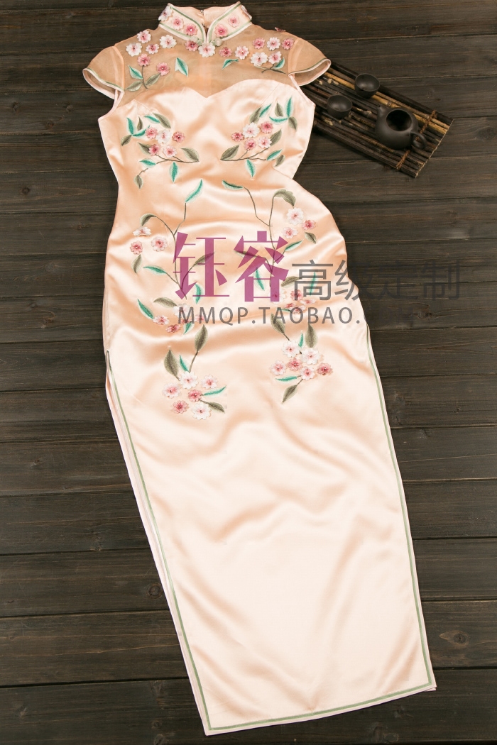 茧玥手工旗袍老上海高端定制橘粉色重磅真丝拼纱立体绣花宴会礼服