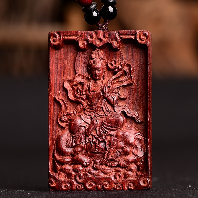 天然小叶紫檀木普贤菩萨吊坠生肖属龙蛇本命佛守护神男女项链饰品