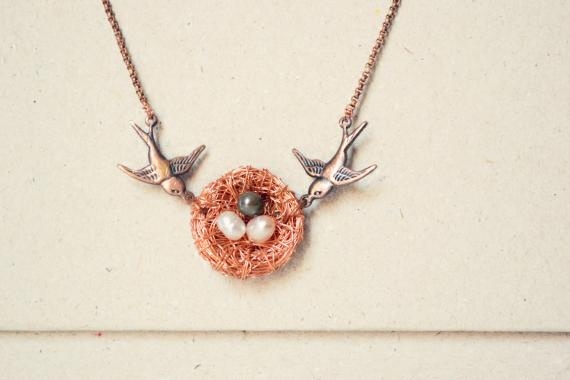 希腊代购almost㊣  手作精美别致华丽淡水珍珠铜线编织鸟巢项链