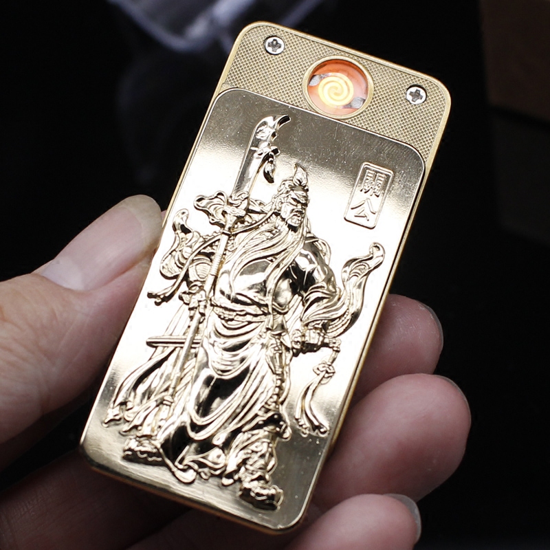 浮雕款关公USB充电打火机个性创意防风打火机高档超薄男士点烟器