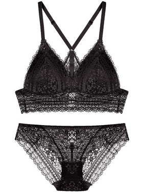 法式内衣无钢圈Bralette薄棉三角杯Y字肩带蕾丝性感文胸套装黑色