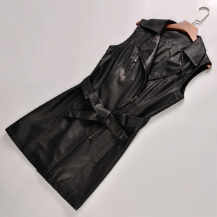 简约系带收腰皮马甲外套女中长款 皮衣潮皮风衣拉链马夹 2025秋装