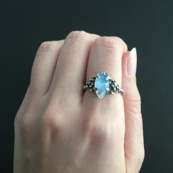 加拿大代购Moonstone◇手作复古蓝色光月光石925固体氧化纯银戒指