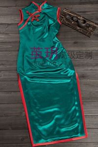 茧玥手工旗袍老上海高端定制店墨绿色真丝麻缎传统改良无袖长款