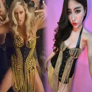 新款 链条流苏挂脖上衣夜店性感DJ演出服 欧美酒吧女歌手舞台装