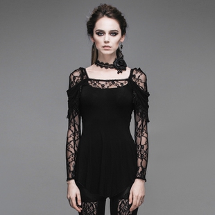 ╋魔叹╋ DEVIL FASHION 歌特GOTHIC复古蕾丝拼修身长袖T恤 TT011