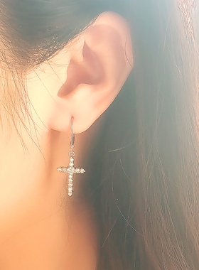 法式 优雅  十字架 耳环 耳坠 925纯银 镀白金 女 闪钻 时尚 气质