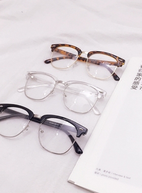 韩版复古半框经典款平光镜男女士圆形简约超轻黑色可配近视眼镜框