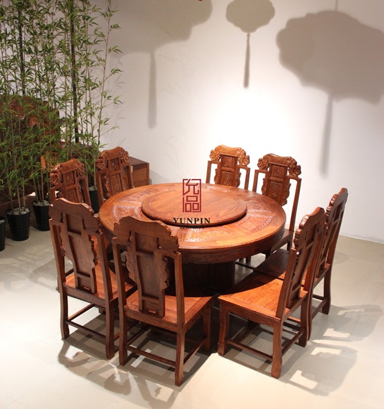 经典中式仿古圆型大象头餐台138刺猬紫檀八人餐桌花梨木允品家具