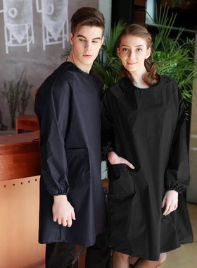 男士纯色围裙男女光滑布厨房长袖黑色罩衣成人反穿衣时尚工作服