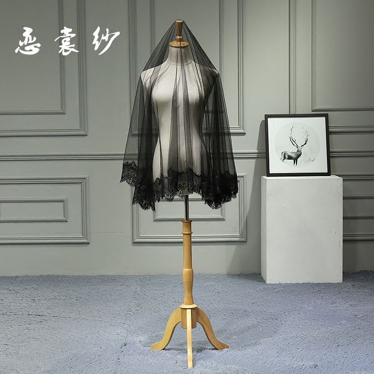 包邮新款复古黑色睫毛蕾丝新娘结婚婚纱韩式软头纱影楼拍照写真