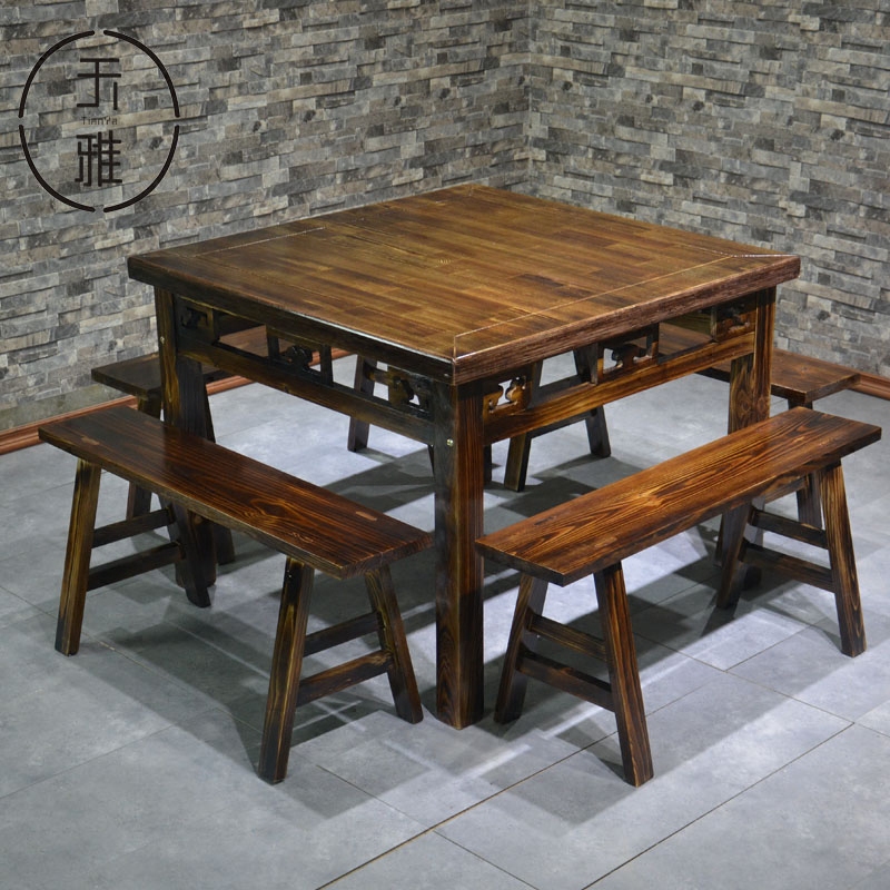 仿古实木八仙桌雕花桌椅长板凳中式餐厅饭店餐桌椅组合