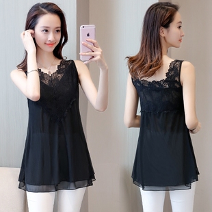 上衣打底衫 百搭黑色蕾丝连衣裙夏新款 吊带背心中长款 宽松无袖 女装