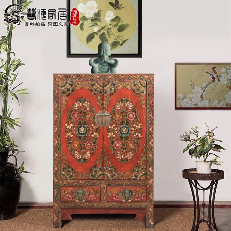 彩绘餐边柜鞋柜手绘门厅柜玄关储物柜复古衣柜同款中式实木家具