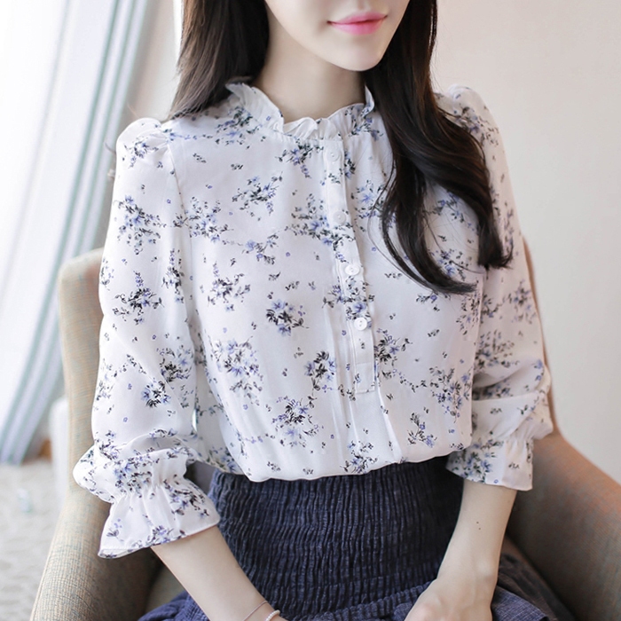 碎花雪紡衫女2018春季新款寬松木耳邊印花上衣大碼九分袖打底襯衫在類目 女裝/女士精品, 蕾絲衫/雪紡衫中 - 來自Buy2taobao.com提供專業的淘寶代購服務