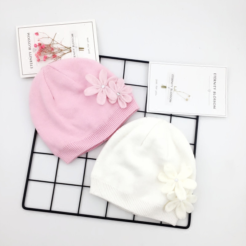 宝宝婴幼儿纯棉帽子花朵女童毛线帽秋冬 小孩针织棉线套头帽1~3岁