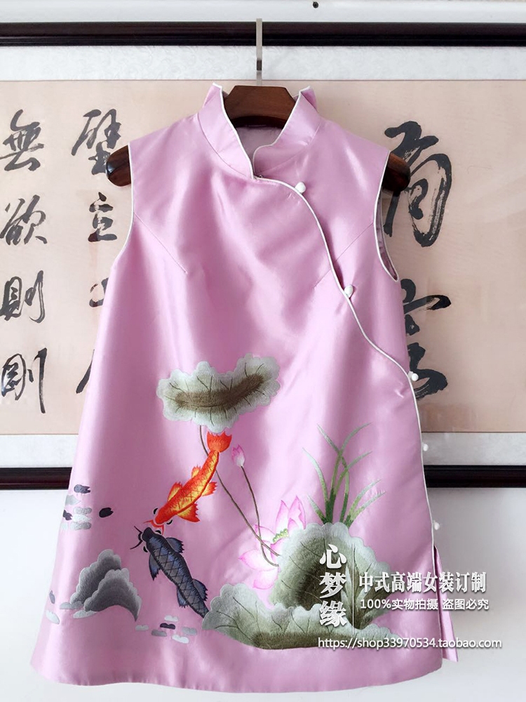 春夏女装刺绣绣花上衣真丝丝毛无袖斜襟立领中式马甲