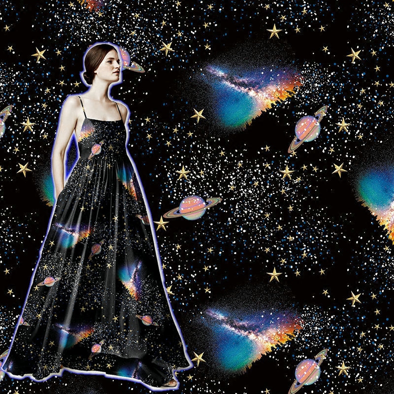 原版数码印花 宇宙星空图案 服装女装面料空气层 雪纺  针织面料