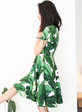 juju定制夏季裙子绿色中长裙田园复古风圆领喇叭袖森系连衣裙女