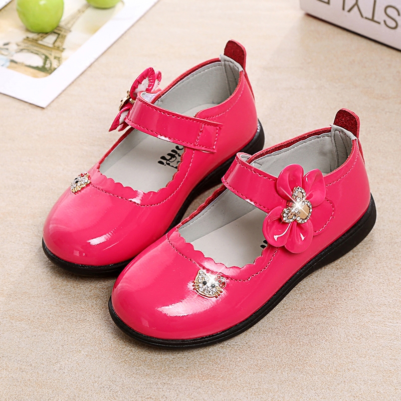 Chaussures enfants en cuir de vache fendu ronde faux diamant pour printemps - semelle caoutchouc naturel - Ref 983091 Image 3