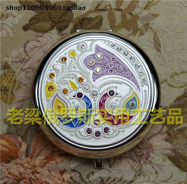 Z3俄罗斯彩锡合金属双面折叠化妆镜子银白色圆形彩钻情侣孔雀精致