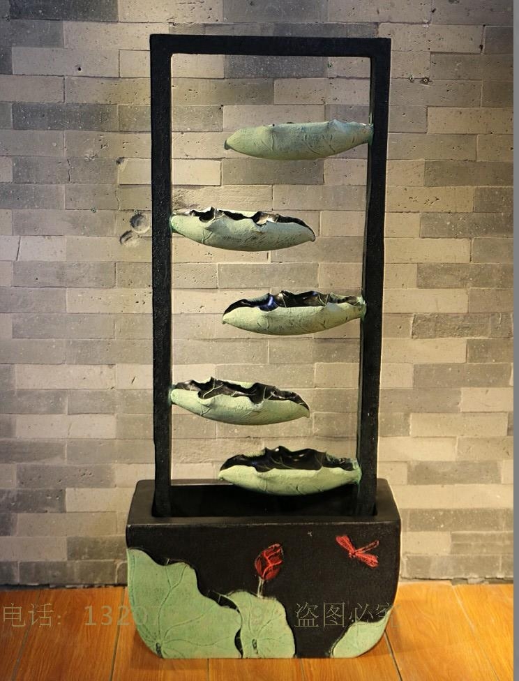 中式风水泉摆件鱼缸复古喷泉流水招财摆设荷花水景 碧叶莲莲