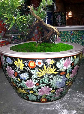 景德镇手绘粉彩卷轴瓷器书画缸