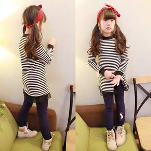 清仓不退换 冬装童装儿童花边加厚加绒条纹中长款打底衫女童卫衣