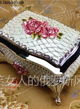 特价清仓R2锡金属首饰盒长方形银丝款银白色粉红蓝玫瑰花厚重